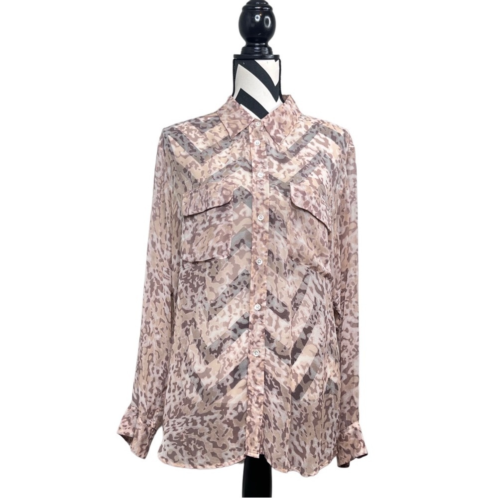 Equipment 100% Silk Sheer Leopard Print Long-Sleeve Button Down Front Blouse